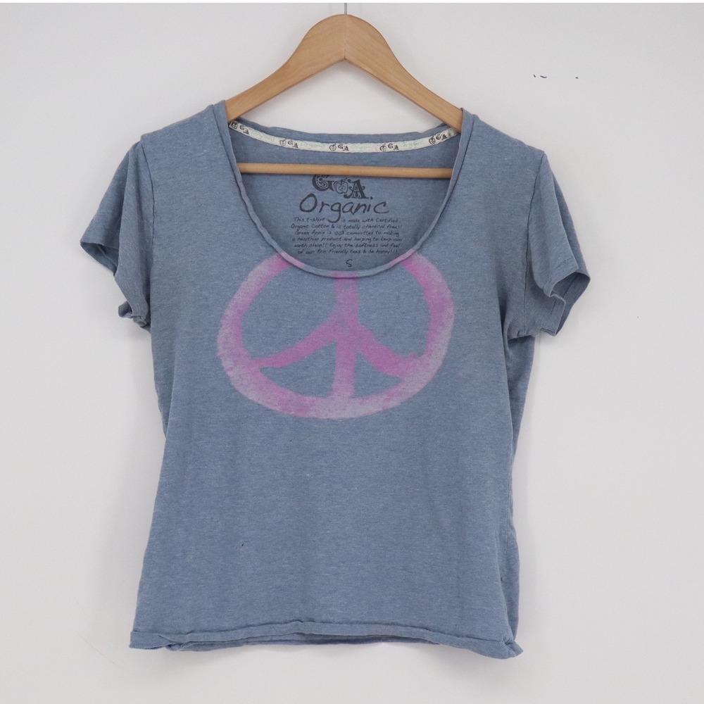 Green Apple T-Shirt Womens S GA Organic Blue Peace Sign Graphic Excellent